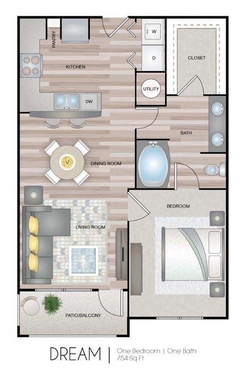 Floor plan for 1 bed, 1 bath, 754 sqft